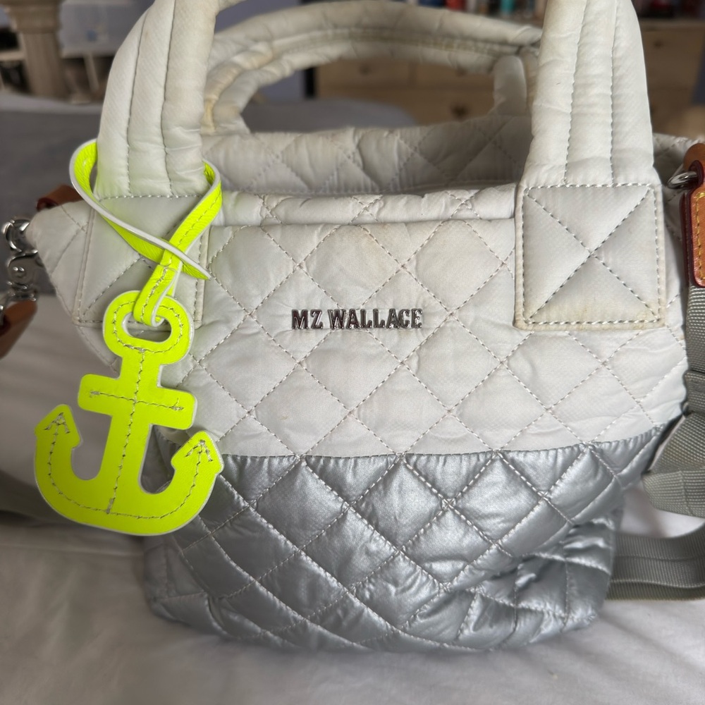 MZ Wallace Small Metro Tote Deluxe White and Silver with removable Neon Accent